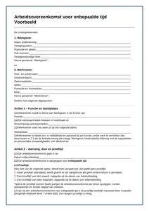 Voorbeeld arbeidsovereenkomst onbepaalde tijd, gratis in Word. Met uitleg per artikel, valkuilen en checklist voor je eerste werknemer.