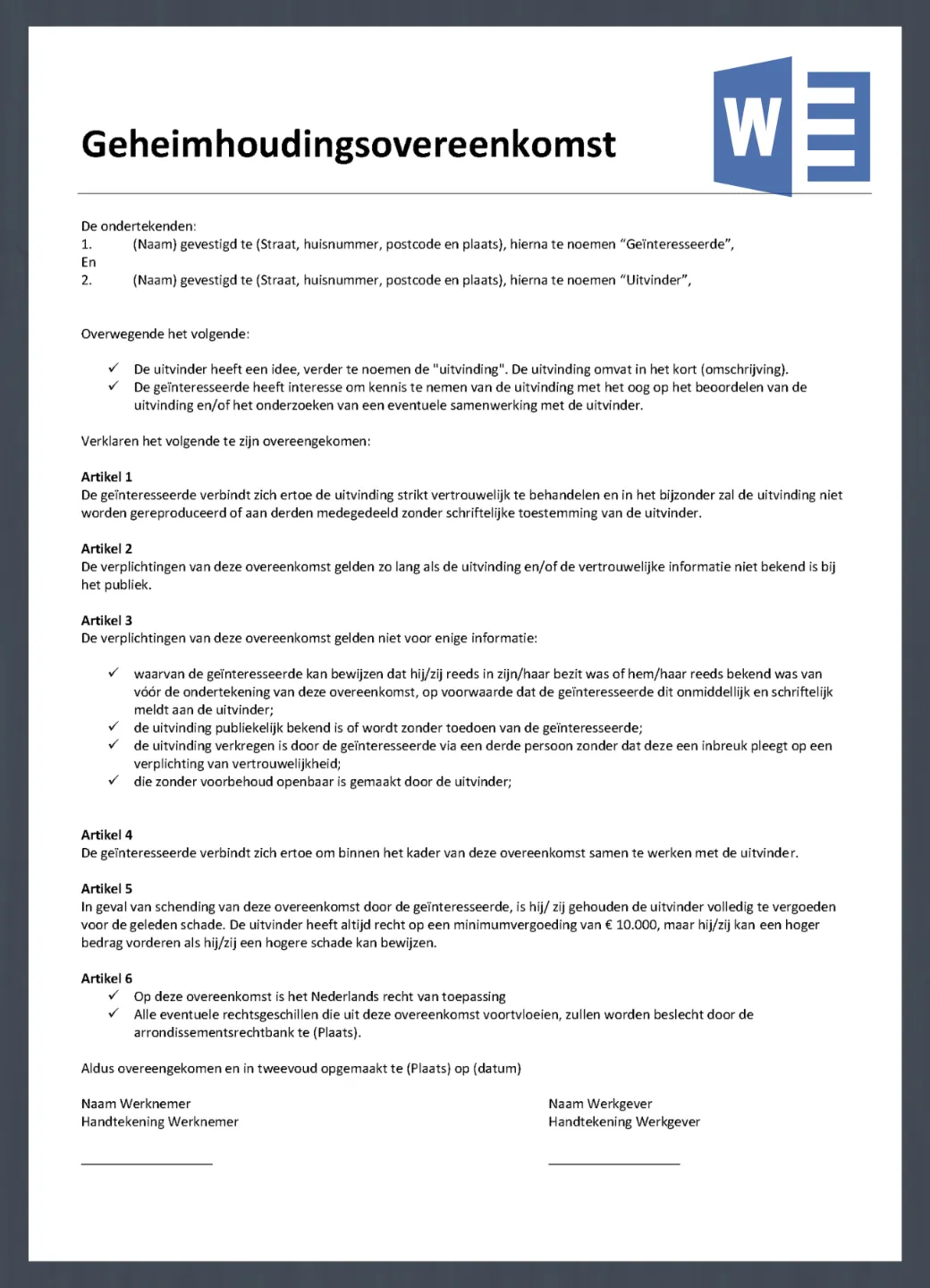 een Voorbeeld Geheimhoudingsovereenkomst, bekijk en download het voorbeeld