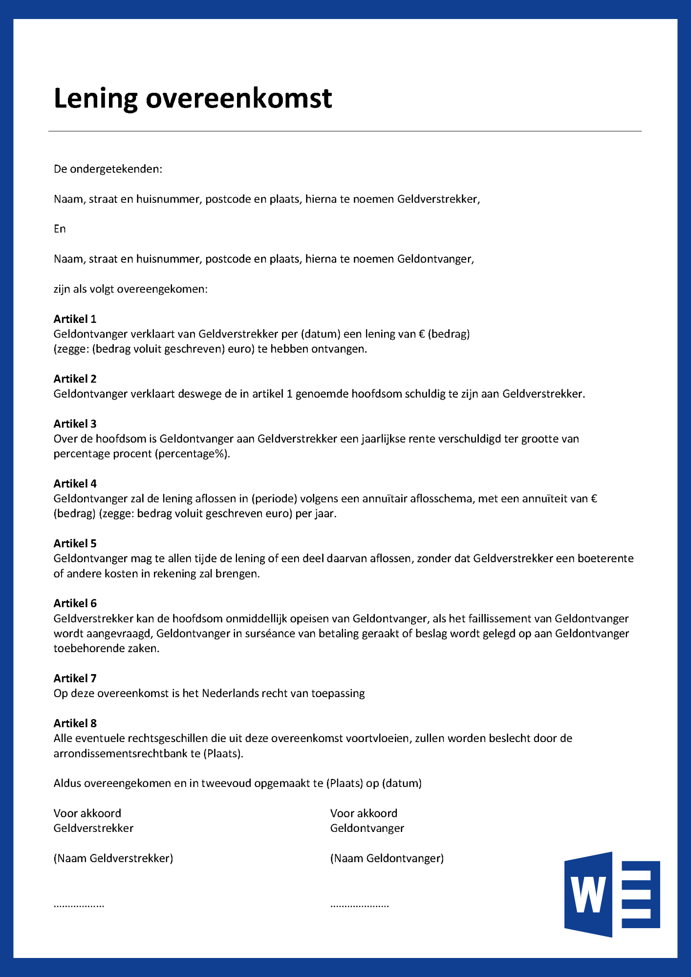 Lening overeenkomst Lening overeenkomst