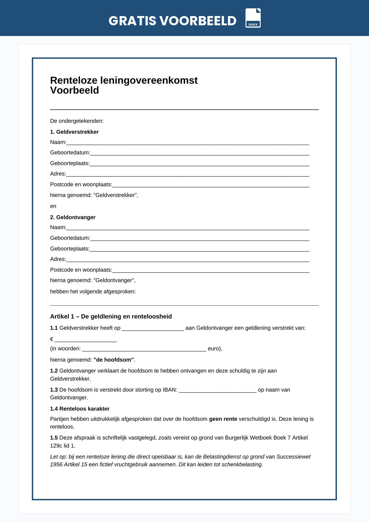 renteloze-leningovereenkomst-voorbeeld-word