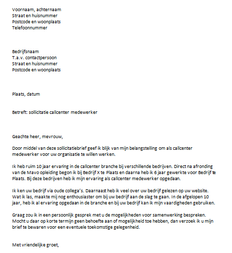 Sollicitatiebrief Callcenter Medewerker