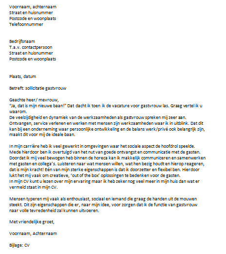 Sollicitatiebrief Gastvrouw