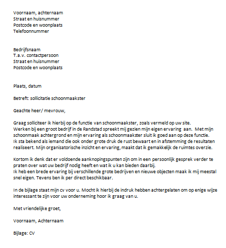 Sollicitatiebrief Schoonmaakster