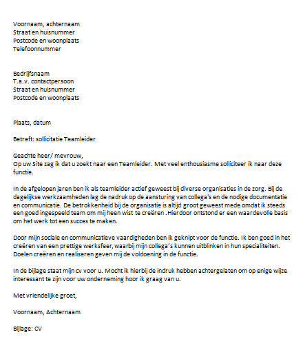 Sollicitatiebrief Teamleider