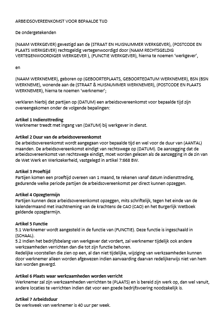 voorbeeld arbeidsovereenkomst 2019