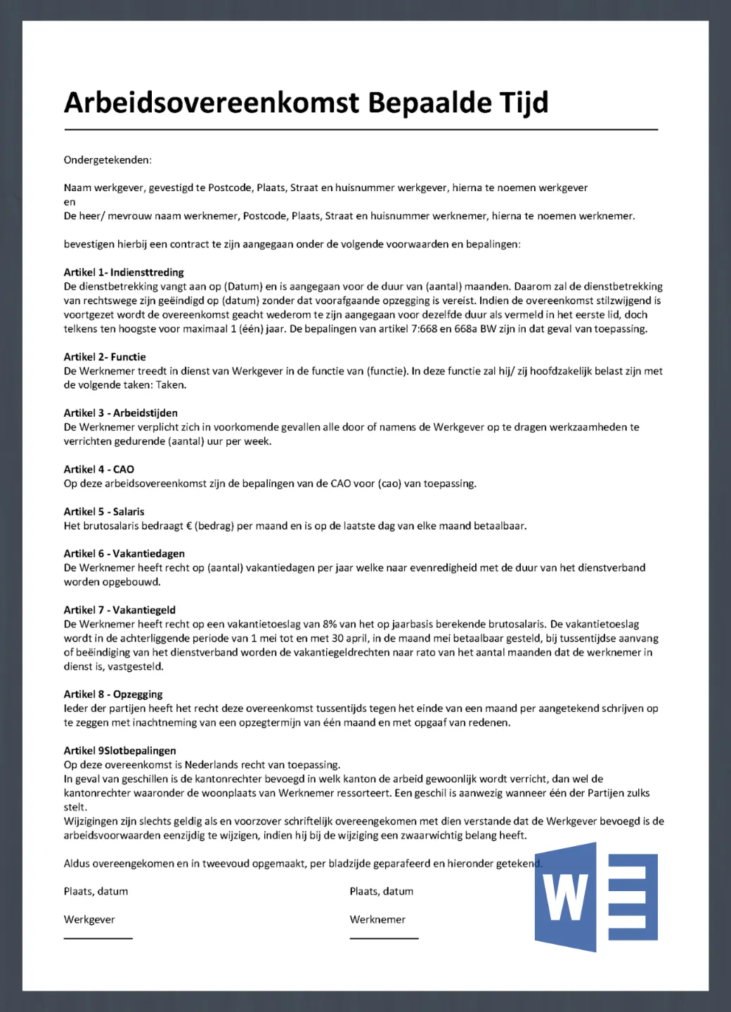 Voorbeeld Arbeidsovereenkomst Gratis Sjablonen in Word