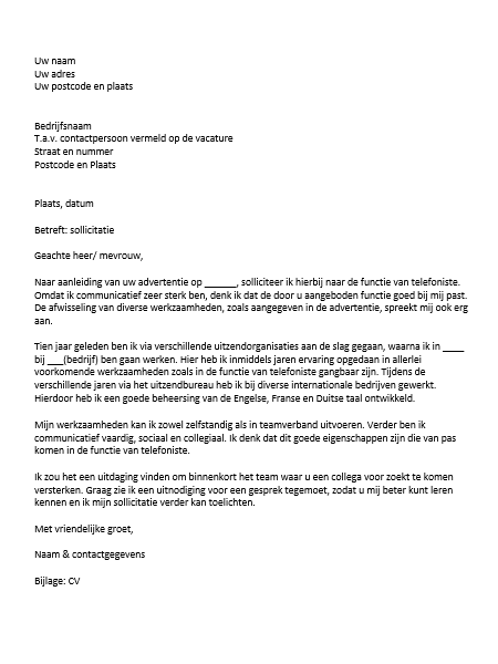 Sollicitatiebrief Telefoniste